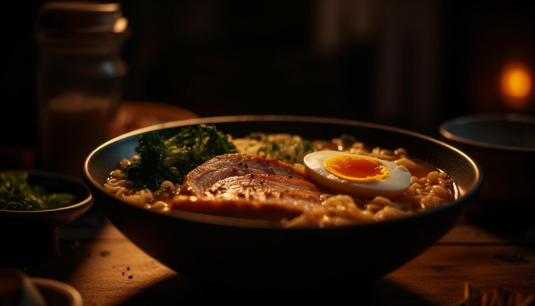 Freshly cooked gourmet meal on rustic wood table generated by AI photo