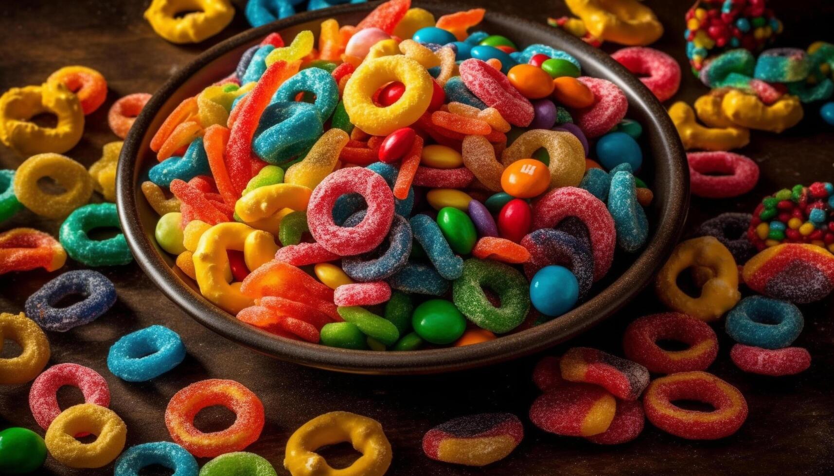 Abundance of colorful sweets in a bowl generated by AI photo