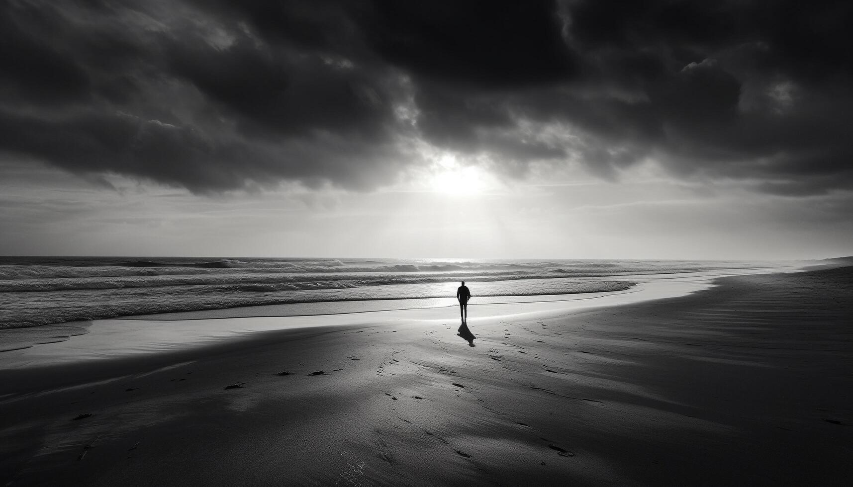 Silhouette walking on serene beach at dusk generated by AI photo