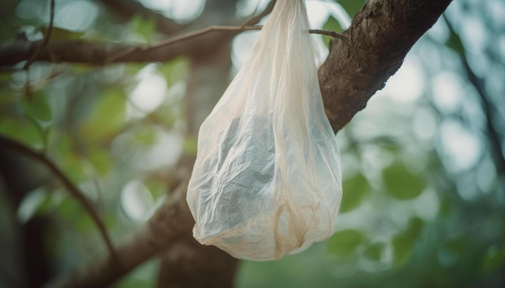 Green plastic bag pollutes nature fresh environment generated by AI photo