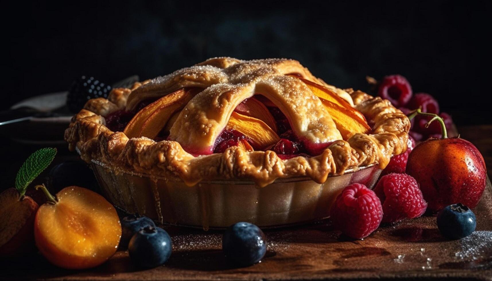 Sweet berry pie baked on rustic wood table generated by AI photo