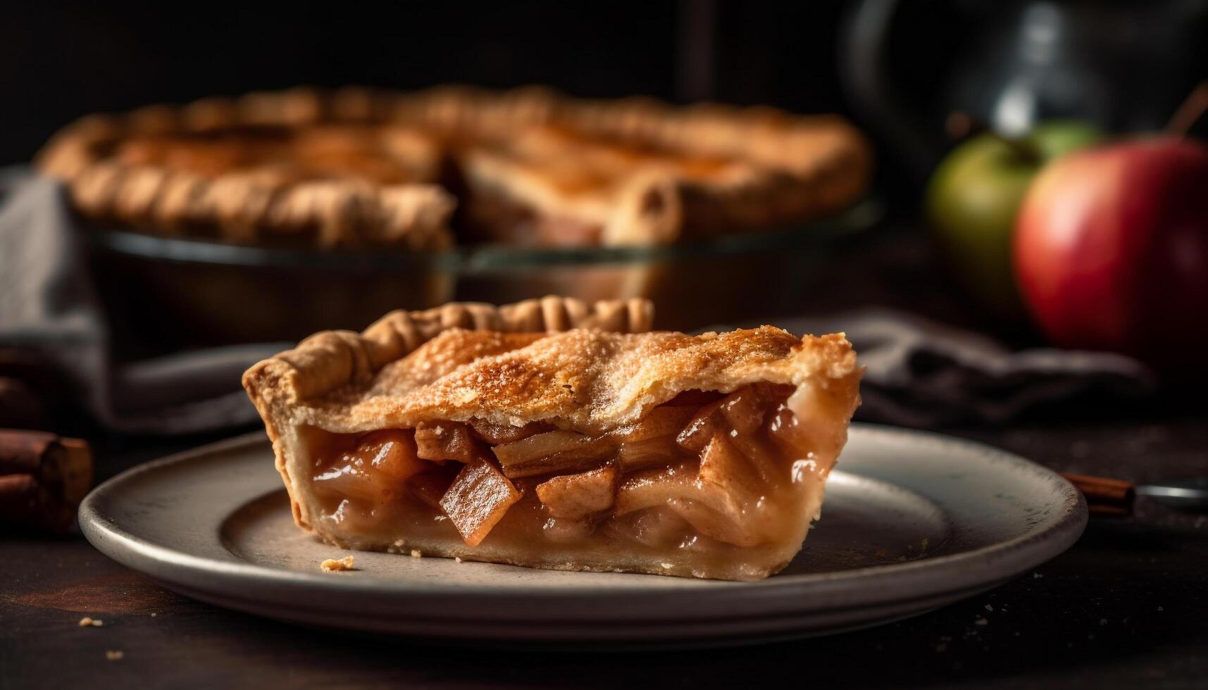 recién horneado manzana tarta en rústico de madera plato generado por ai foto