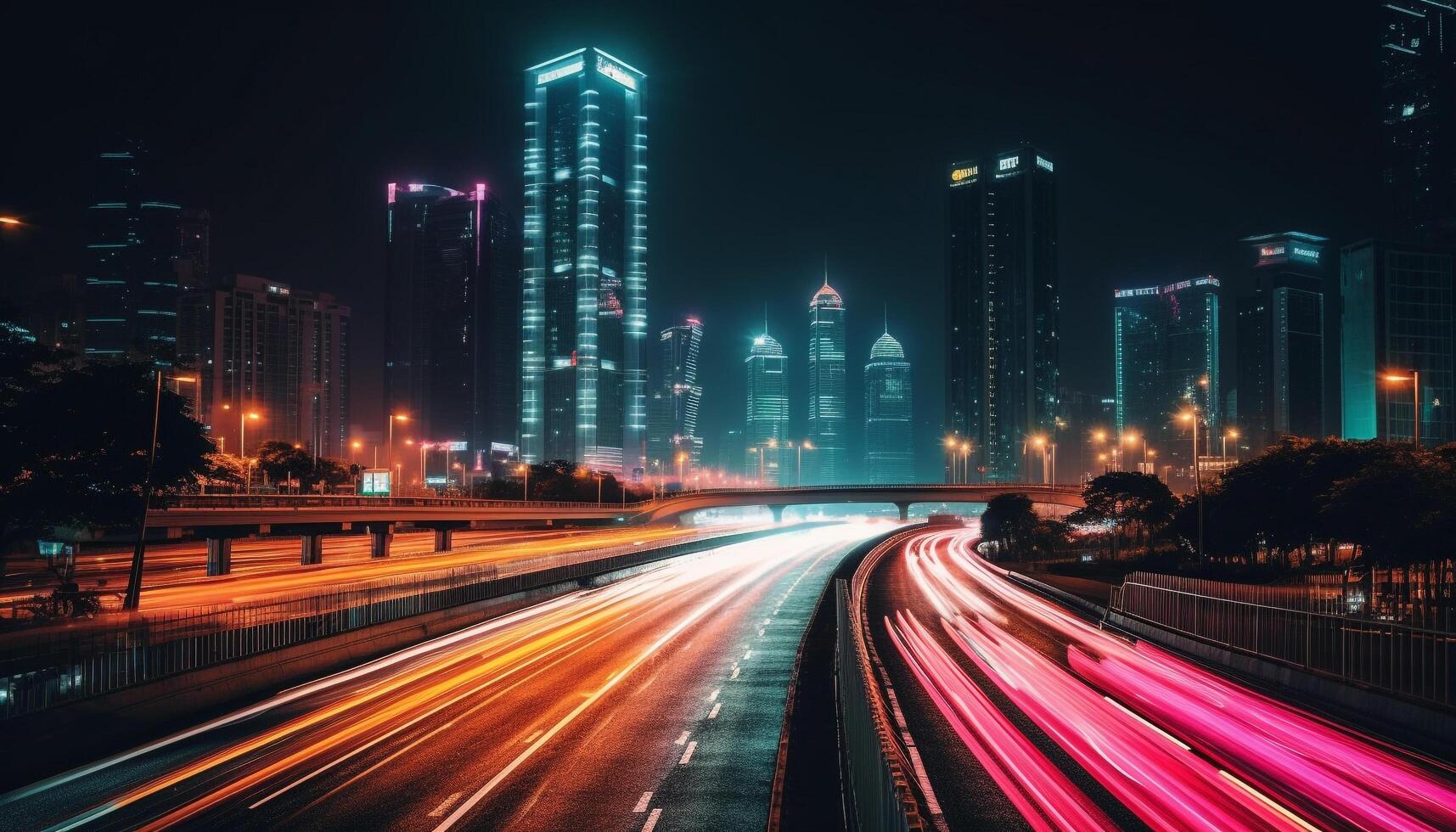 Speeding cars blur in illuminated city skyline generated by AI photo