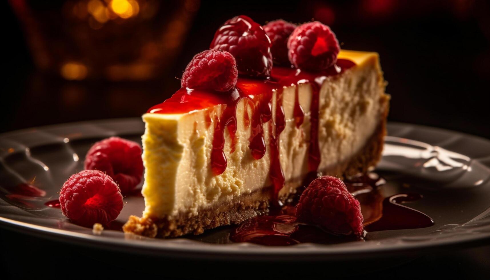 indulgente baya tarta de queso rebanada en gastrónomo plato generado por ai foto