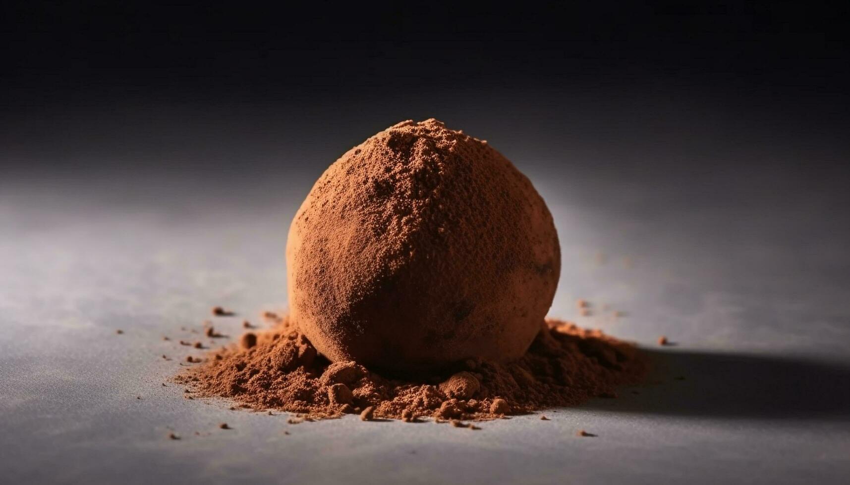 Dark chocolate truffle ball broken on table generated by AI photo