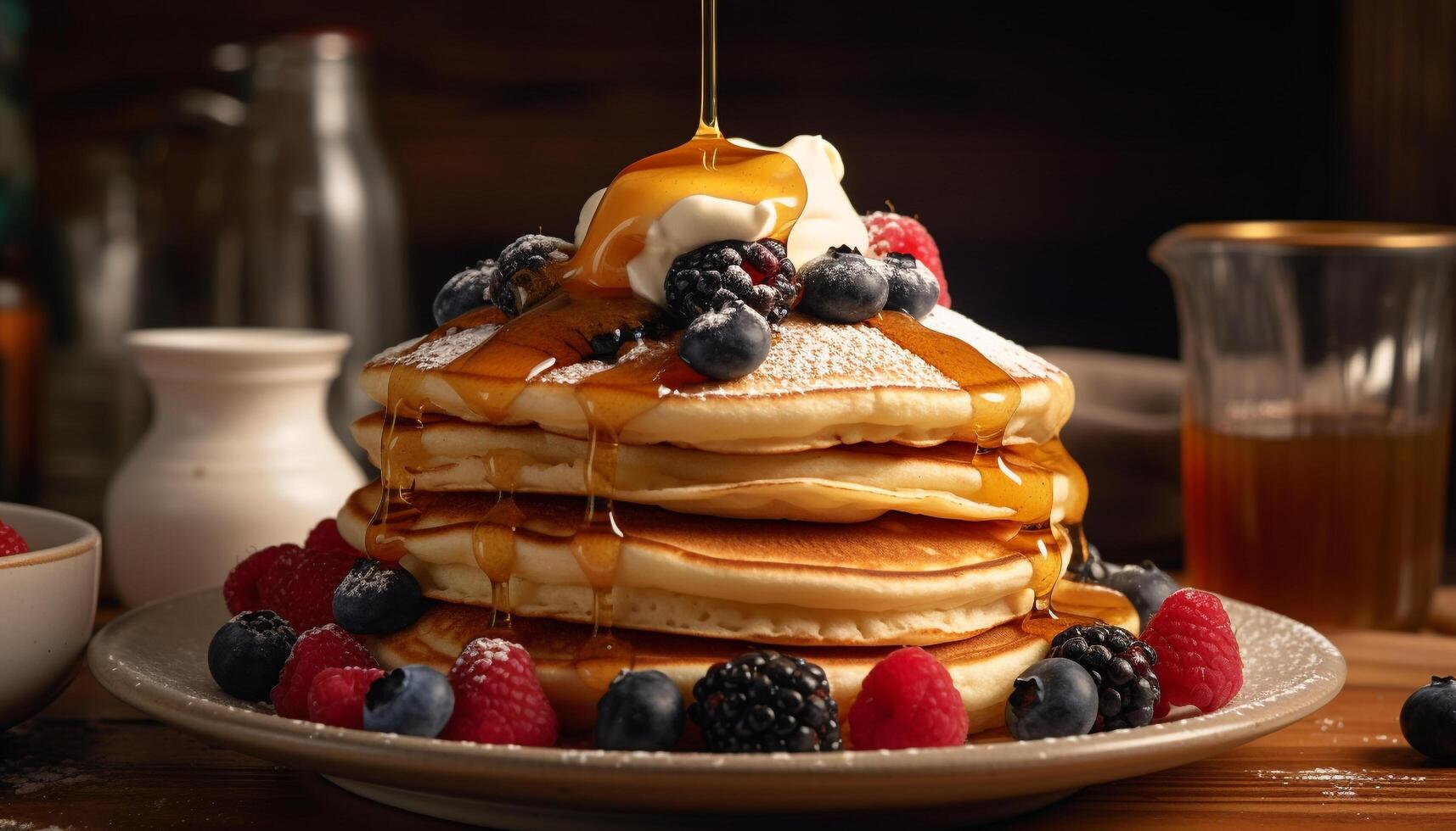 Fresh berry pancakes with honey and syrup generated by AI photo