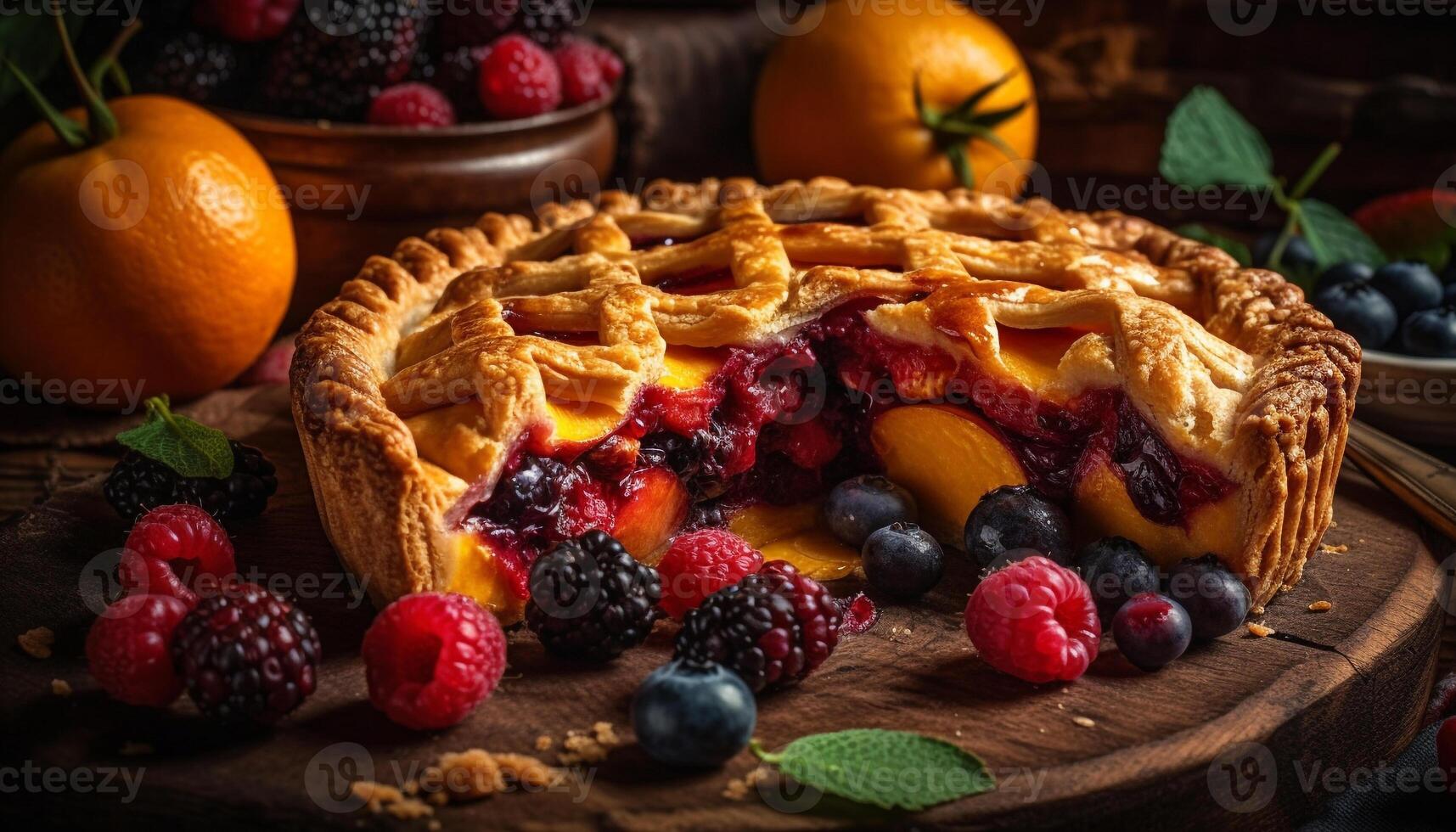 Freshly baked berry pie on rustic wooden table generated by AI photo