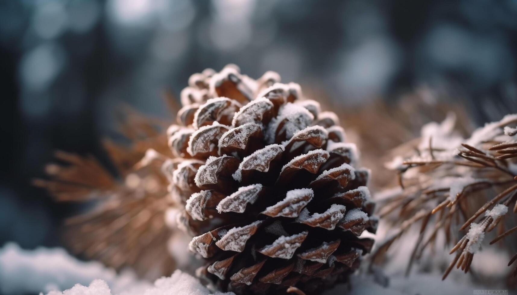 Pine cone decoration on frosty winter table generated by AI photo