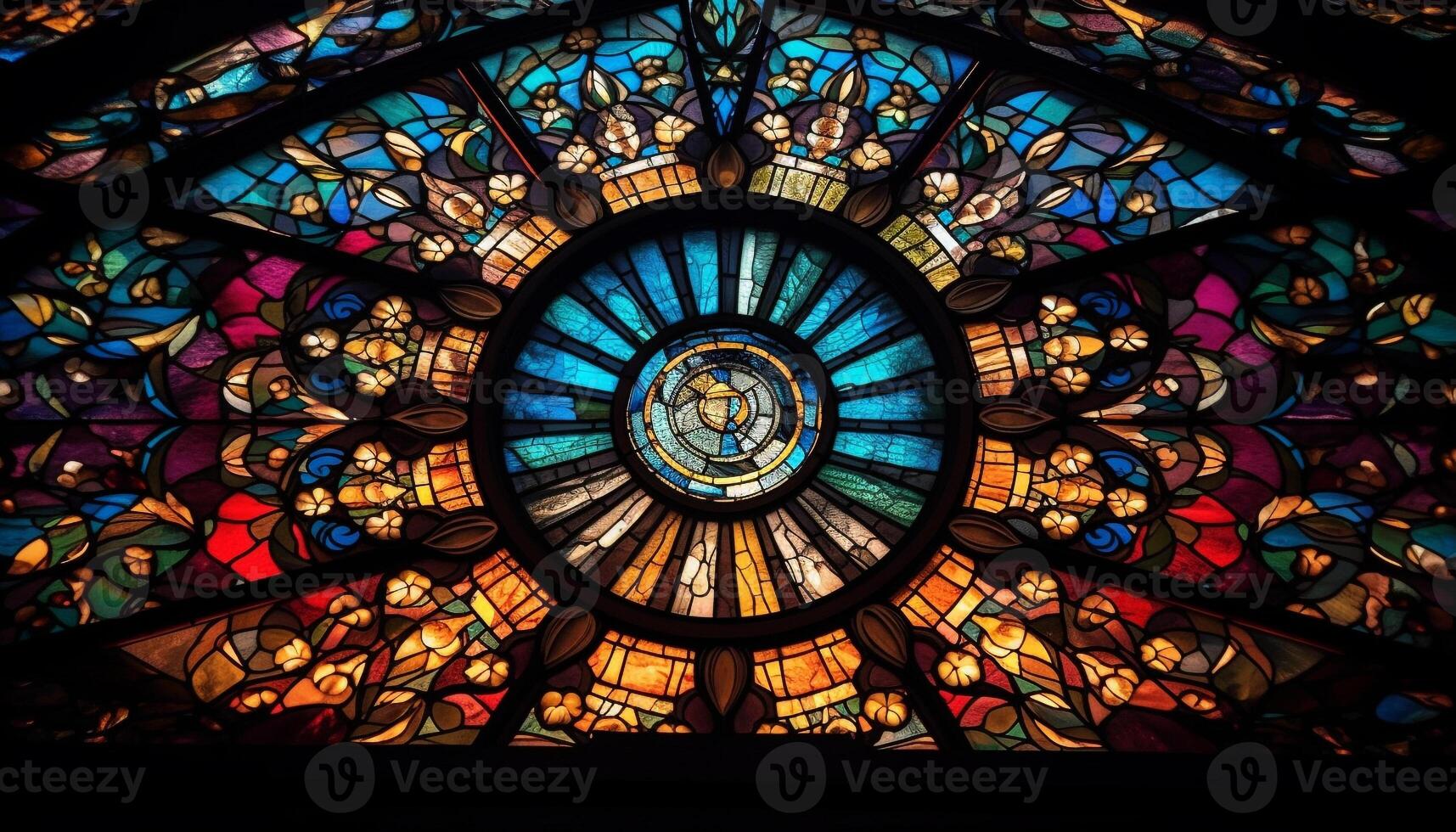 Stained glass windows illuminate ancient cathedral spirituality generated by AI photo