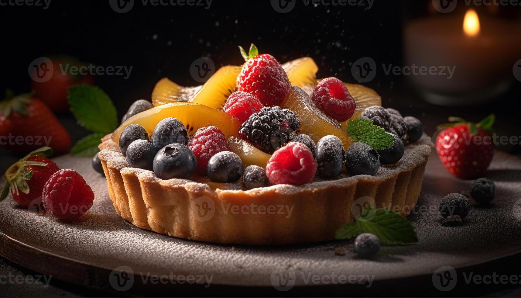 Fresh berry dessert on rustic wood table generated by AI photo