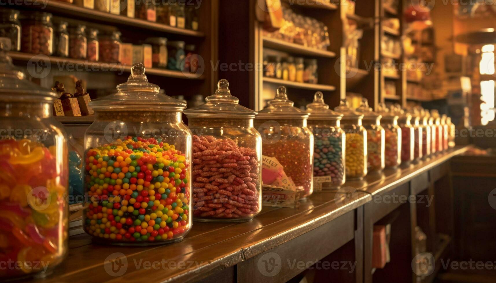 Abundance of sweet food in multi colored jars generated by AI photo