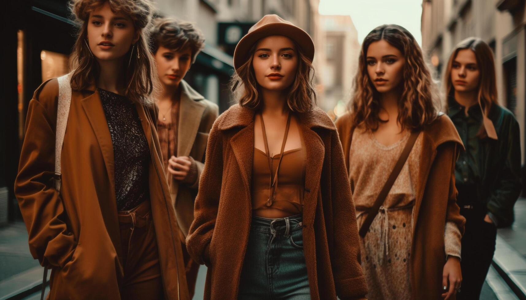 Young adults walking in the city, fashionable elegance generative AI photo