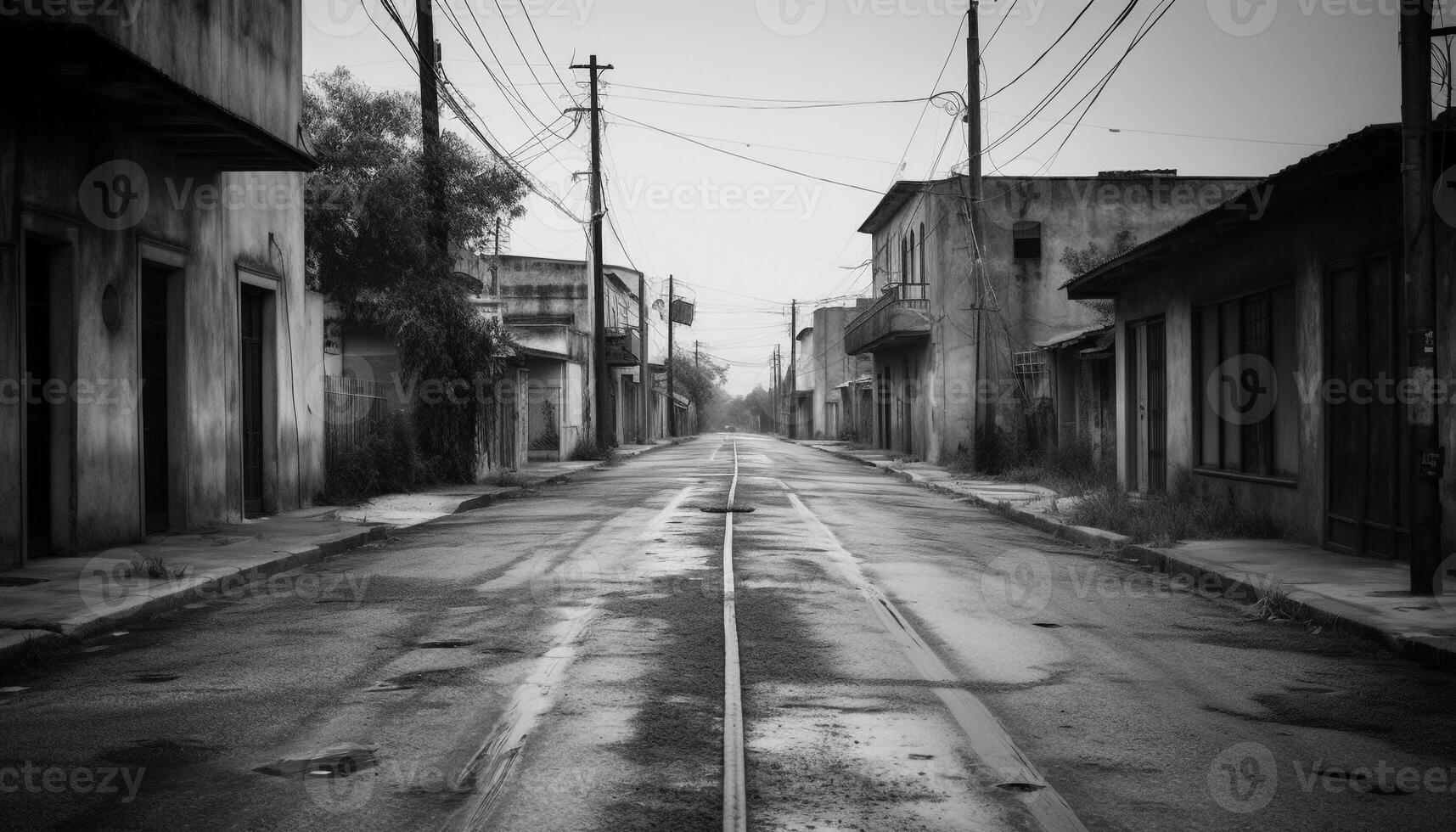 Vanishing point leads to abandoned, run down city generated by AI photo