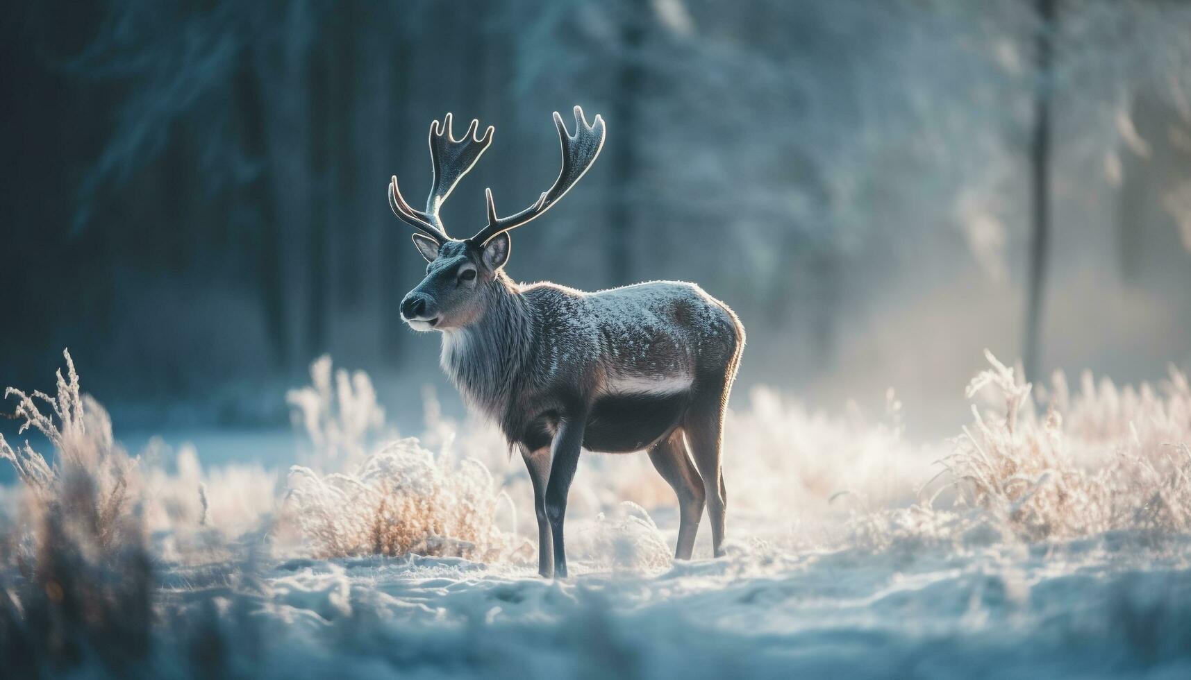 Horned stag standing in tranquil winter forest generative AI photo