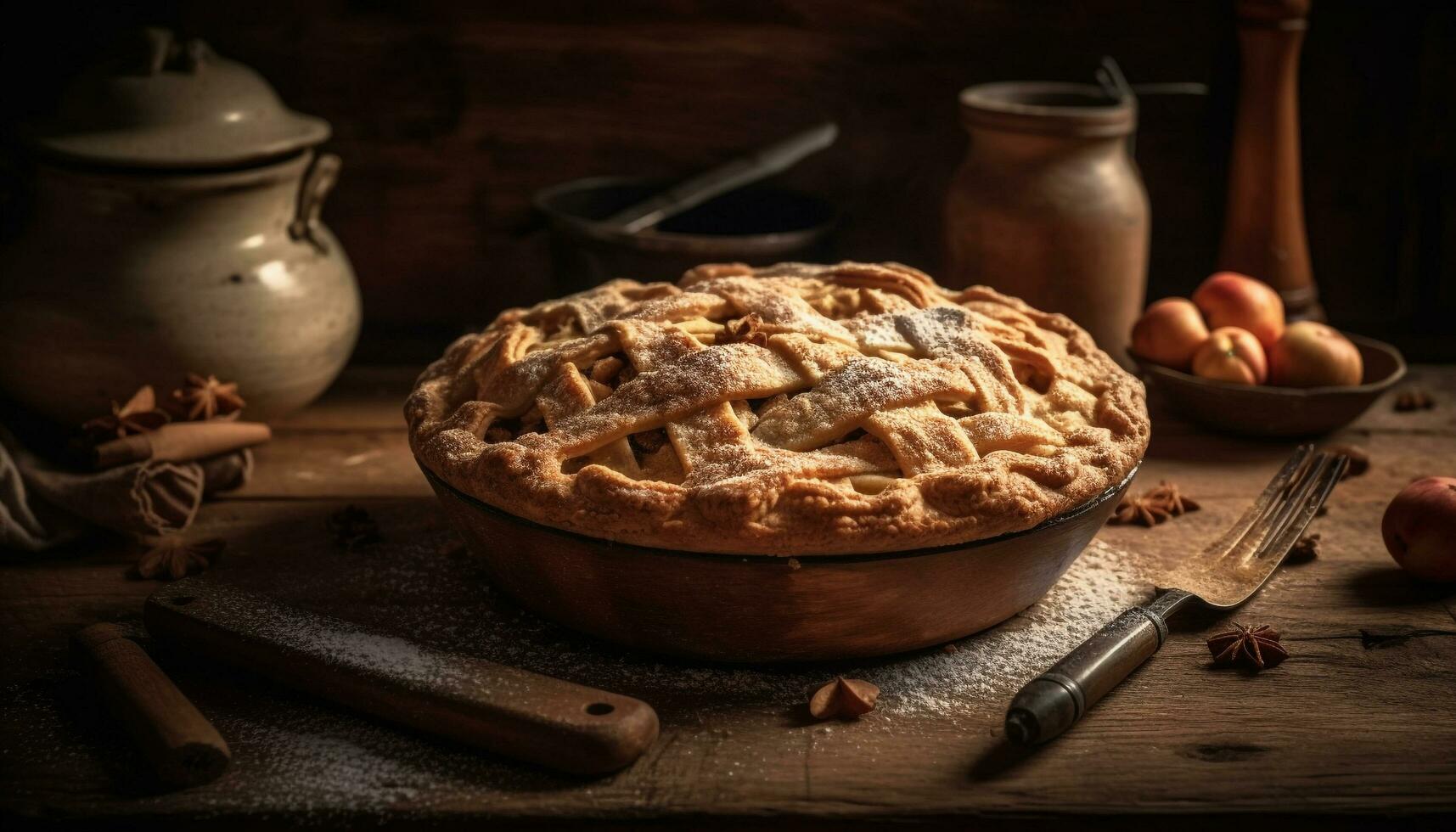 Rustic homemade apple pie, baked with indulgence generated by AI photo