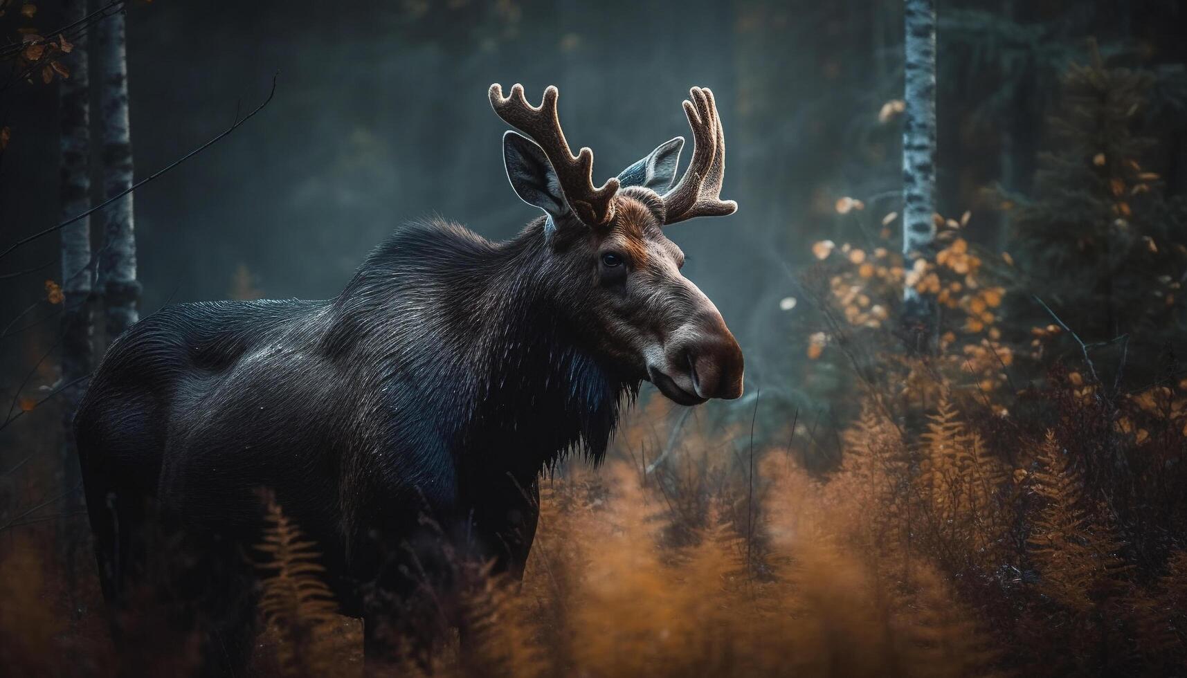 Horned stag grazes in snowy forest meadow generative AI photo