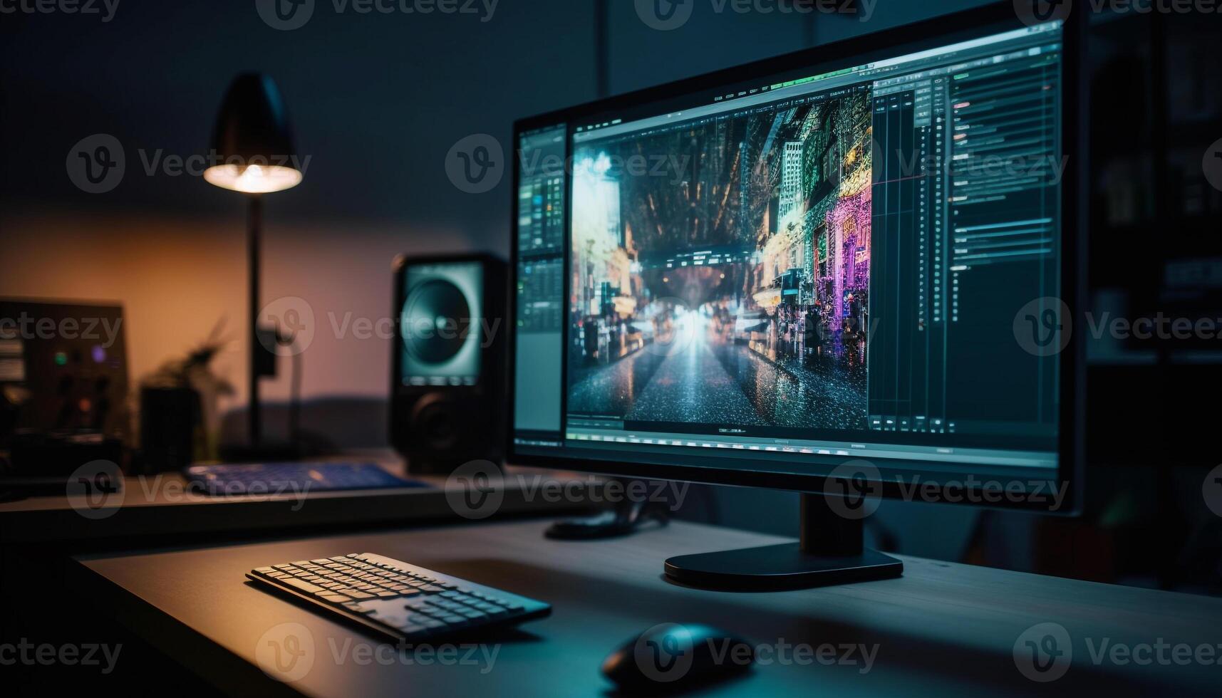 Modern office desk illuminated by computer equipment generated by AI photo