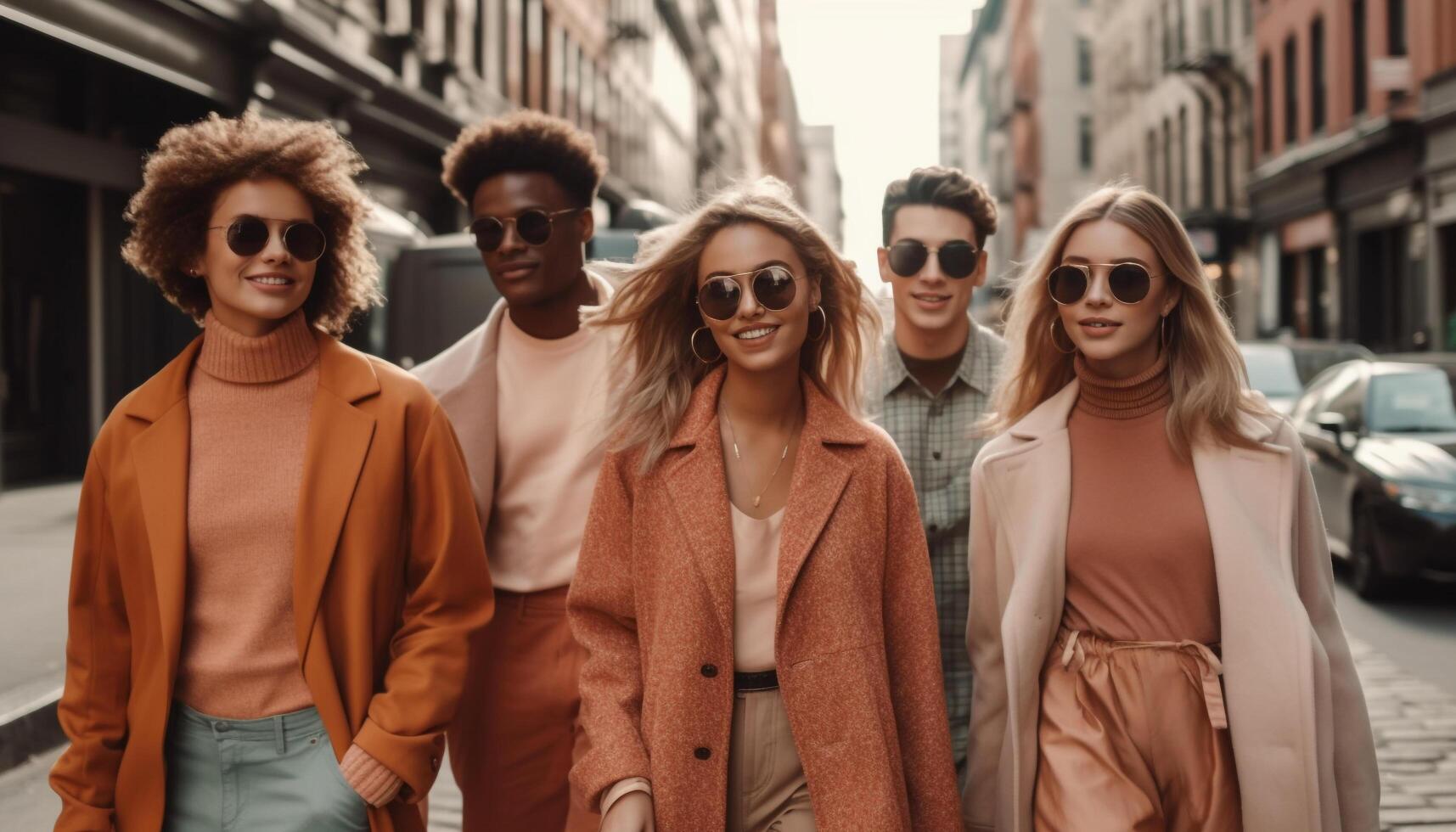 un multi étnico grupo de amigos caminando despreocupado generado por ai foto