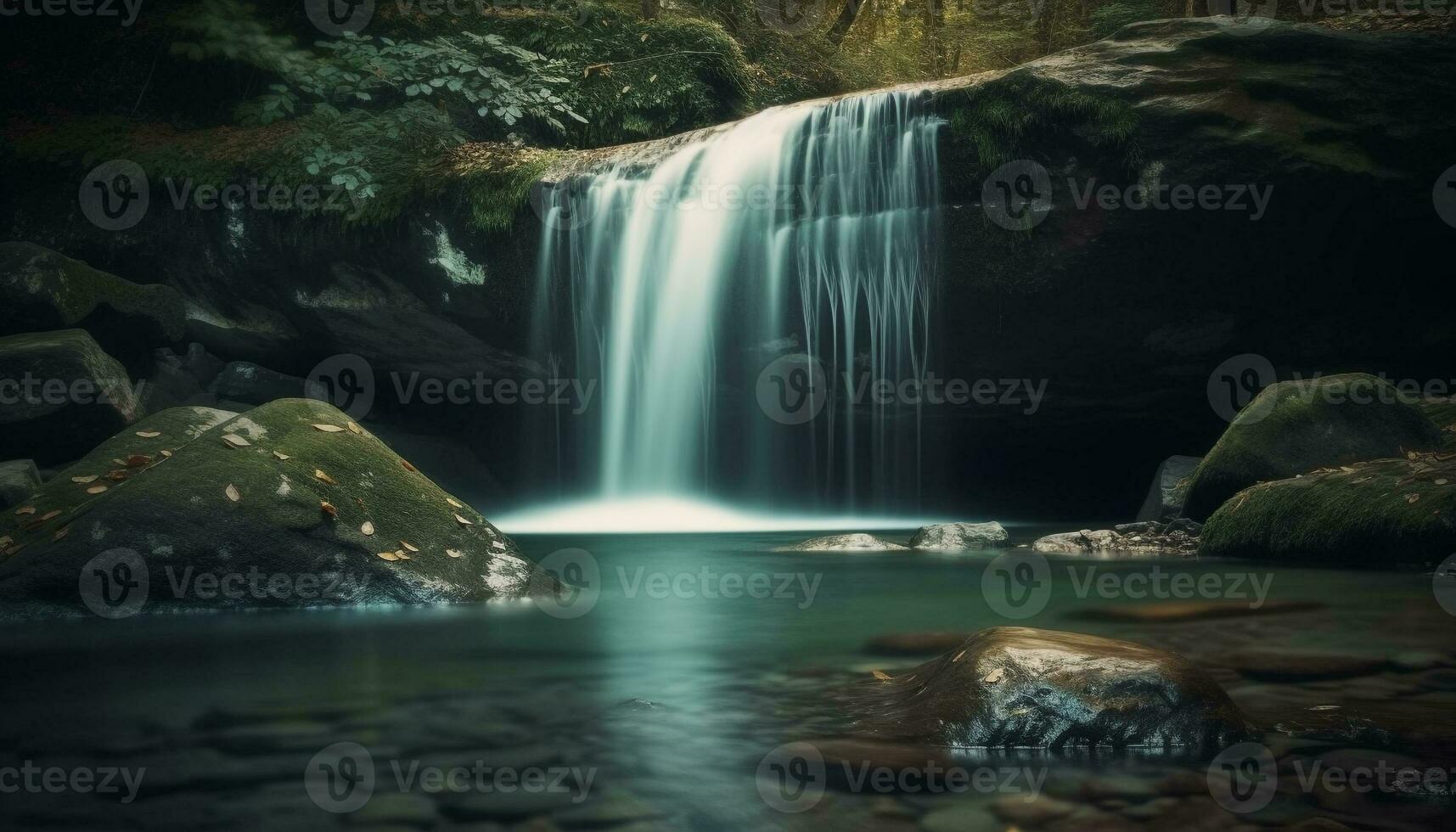 Majestic waterfall flows through tropical rainforest landscape generated by AI photo