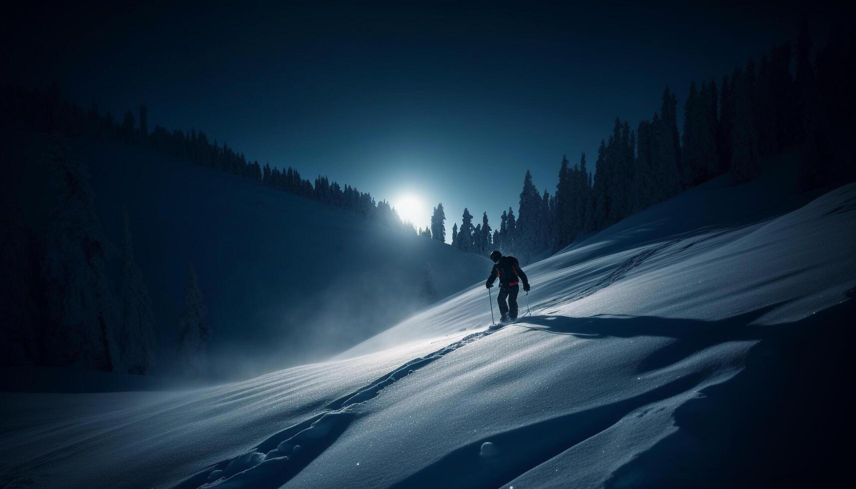 silueta de snowboarder deslizamiento mediante polvo nieve generado por ai foto