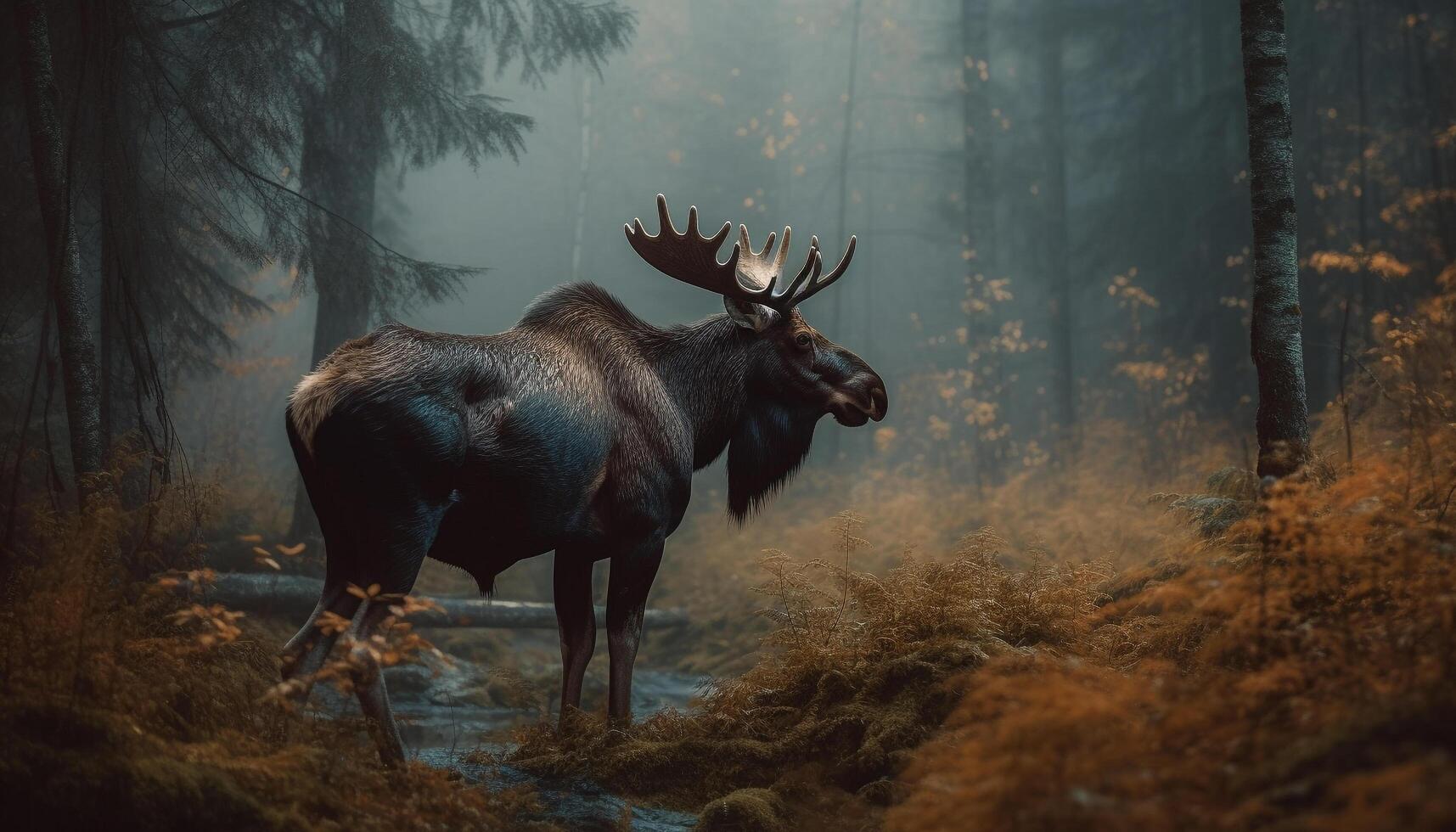 Majestic stag standing in foggy autumn meadow generated by AI photo