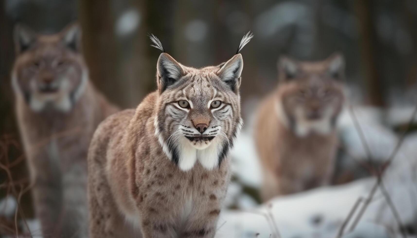 Fierce feline family walking through winter wilderness generated by AI photo