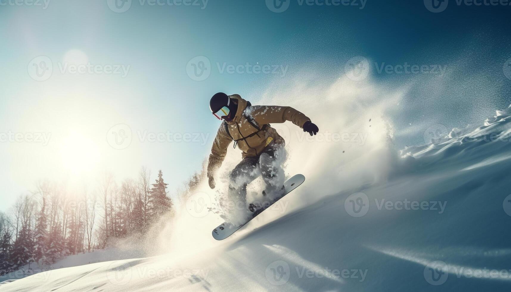 One person jumps, snowboarder enjoys winter sport generated by AI photo