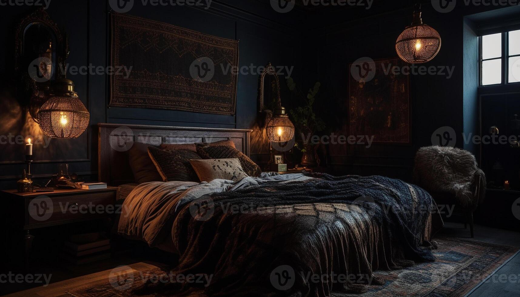 Luxury bedroom with modern design and elegance generated by AI photo