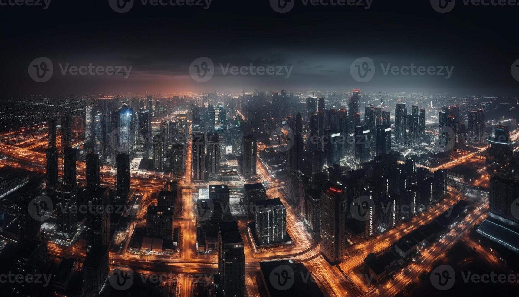 Glowing city skyline at dusk, bustling with traffic generated by AI photo