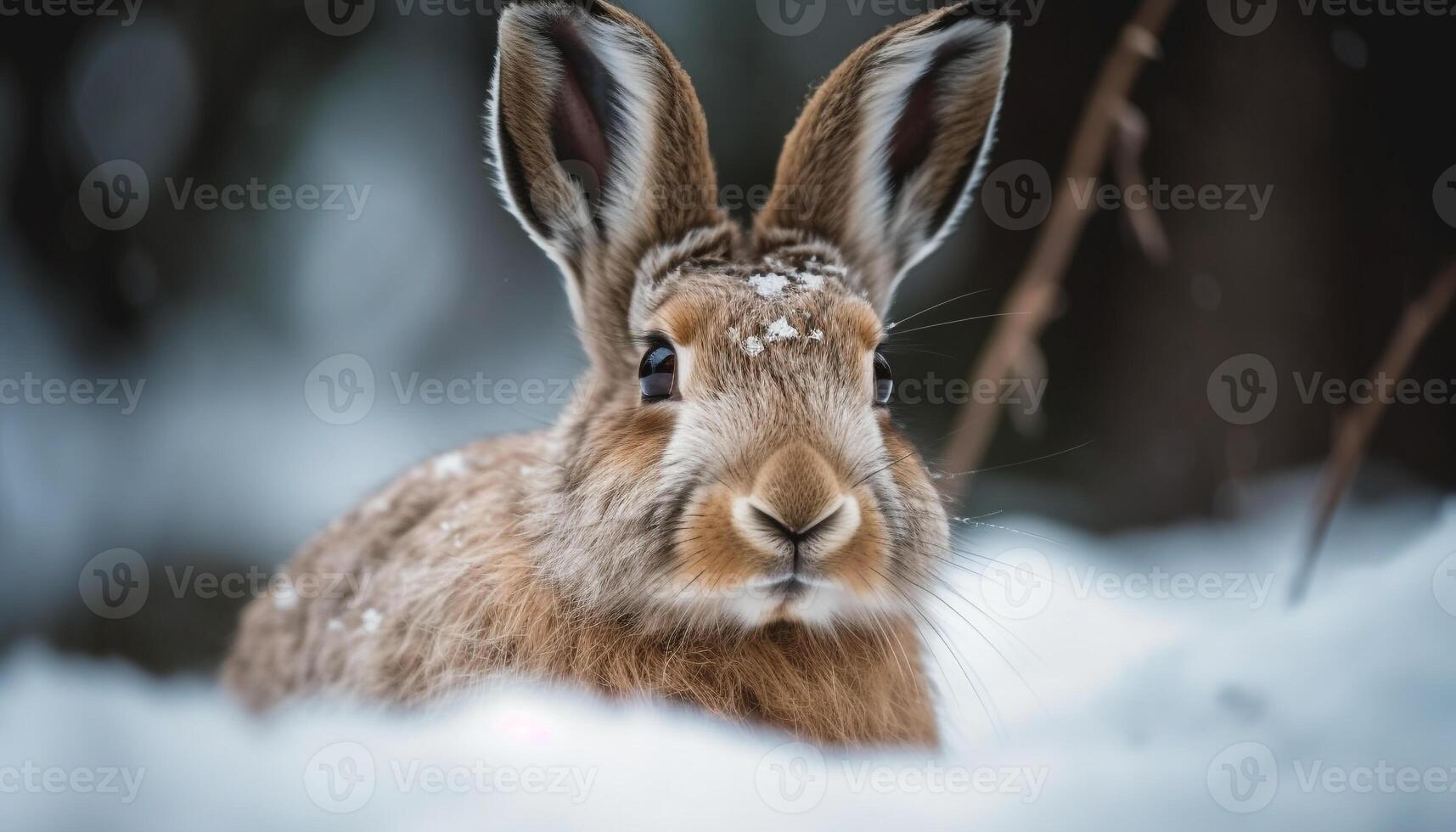 Fluffy hare sits in snow, cute portrait generated by AI photo