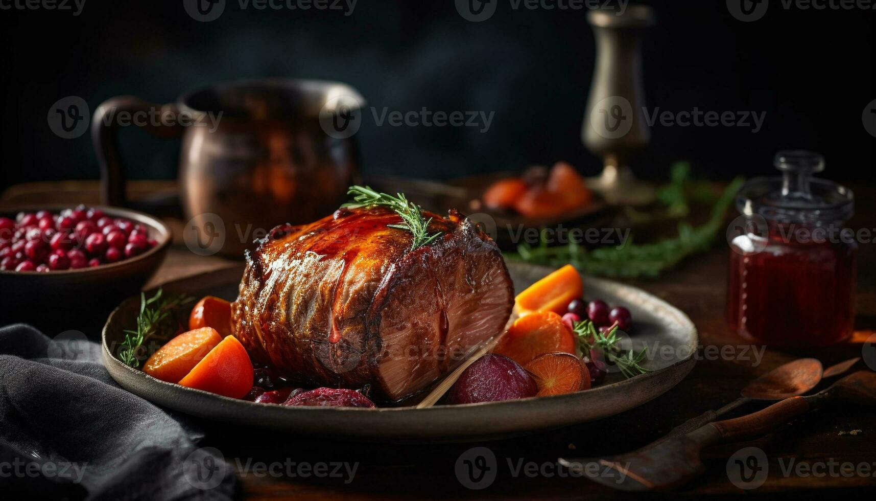 A la parrilla carne y vegetales en rústico mesa generado por ai foto