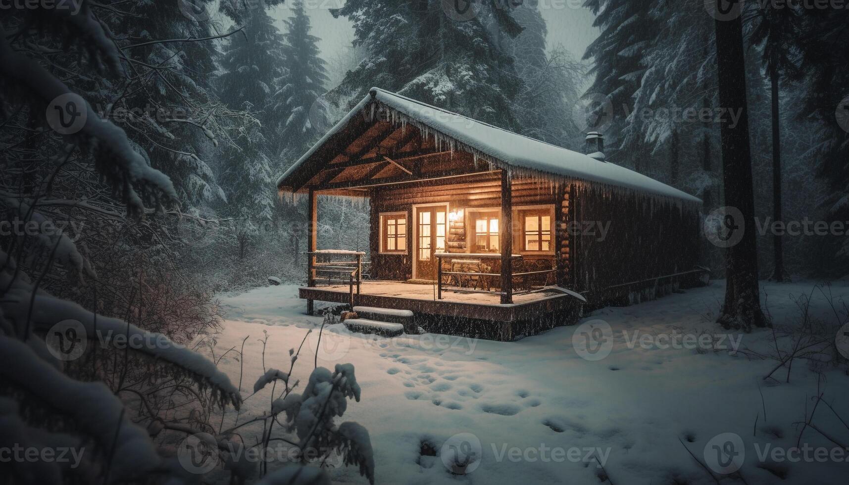 Illuminated cabin in snowy forest, spooky tranquility generated by AI photo