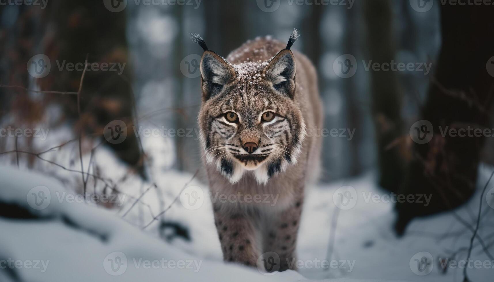 Big cat staring, spotted fur in snow generative AI photo