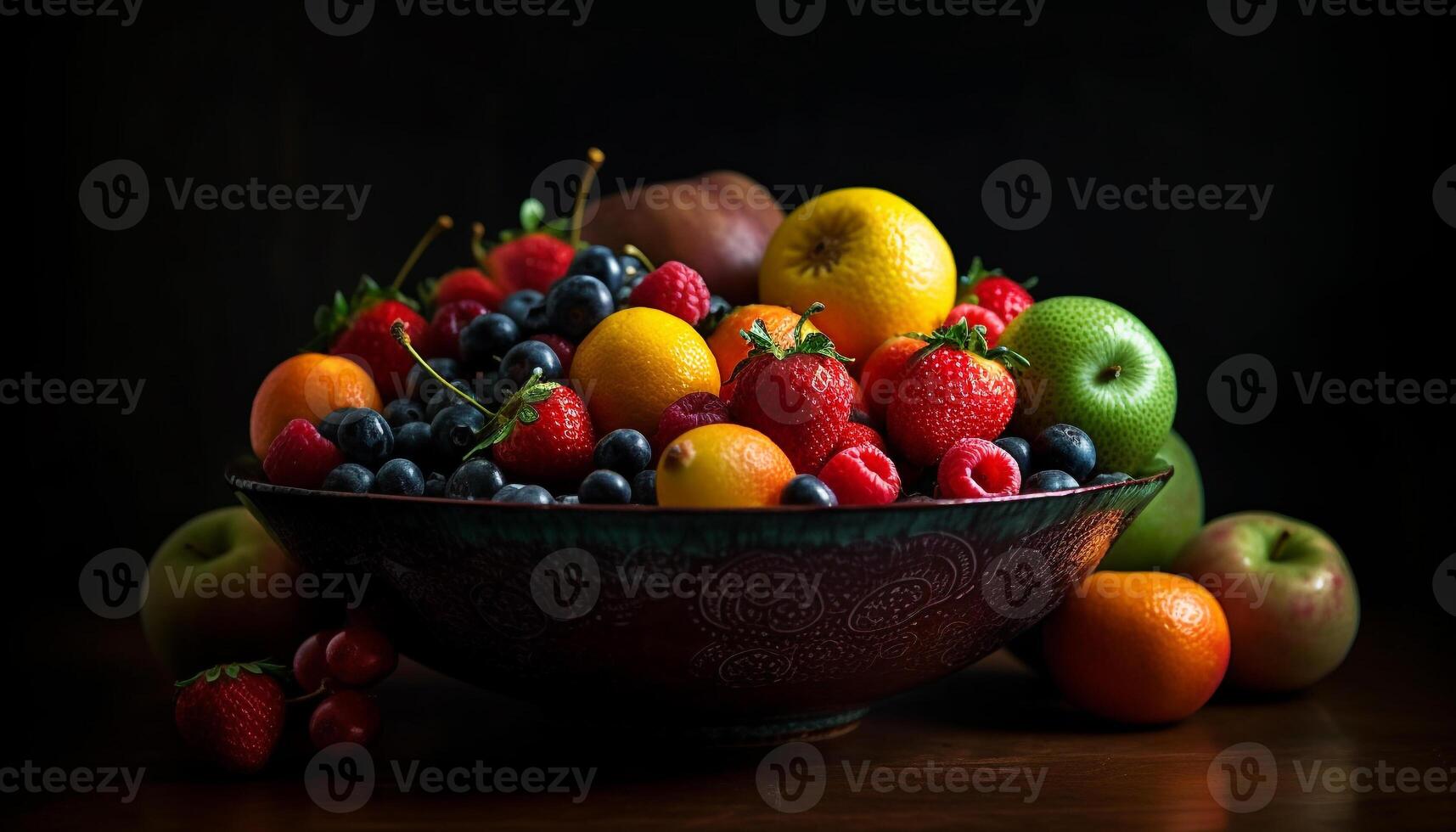 Fresh organic berries on rustic wooden table generative AI photo