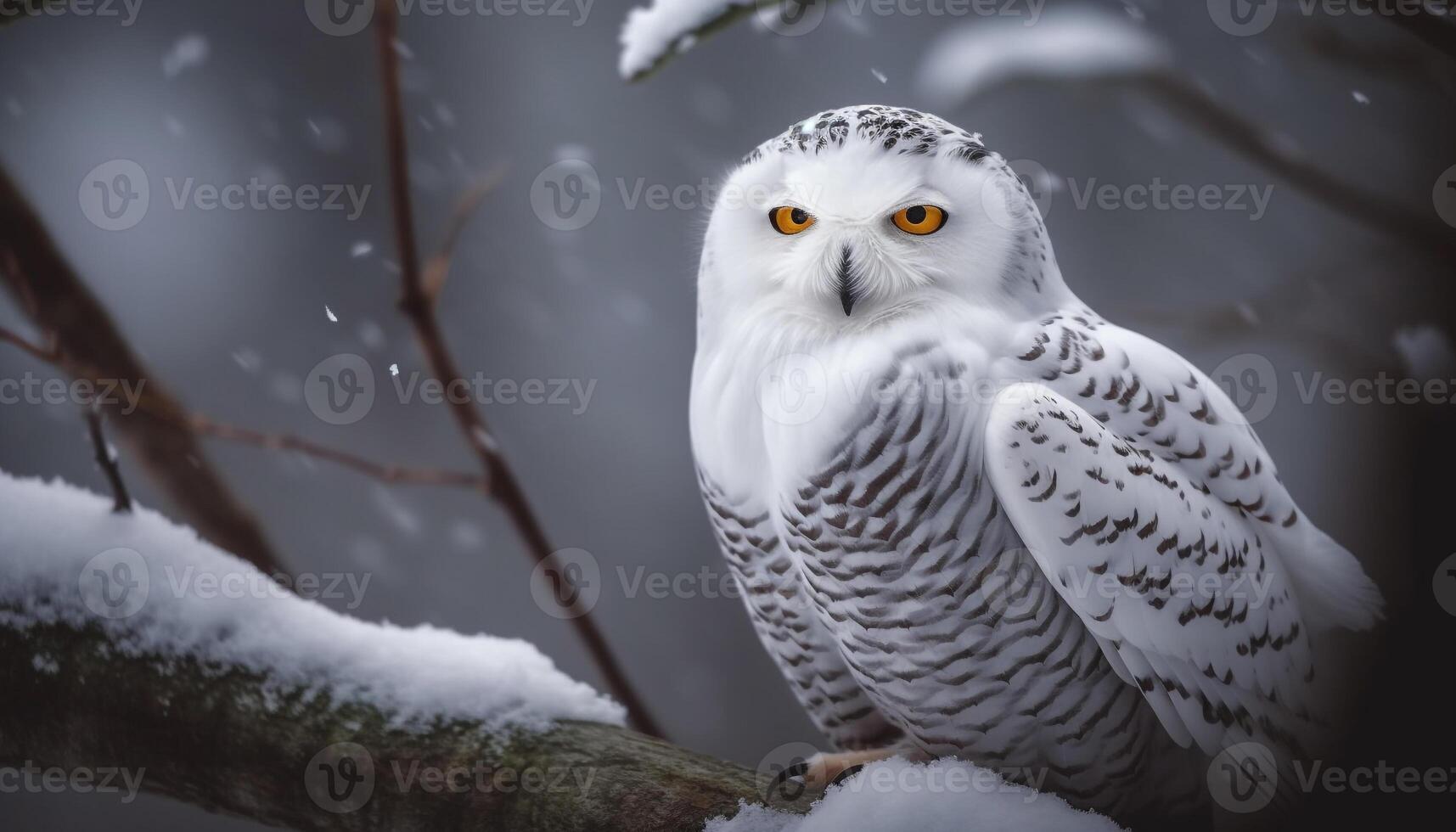 Great horned owl perching on snowy branch photo