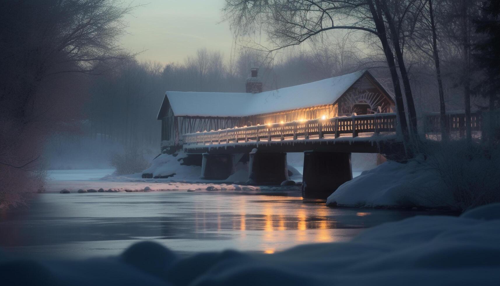 Winter night, tranquil scene, snow covered tree generative AI photo