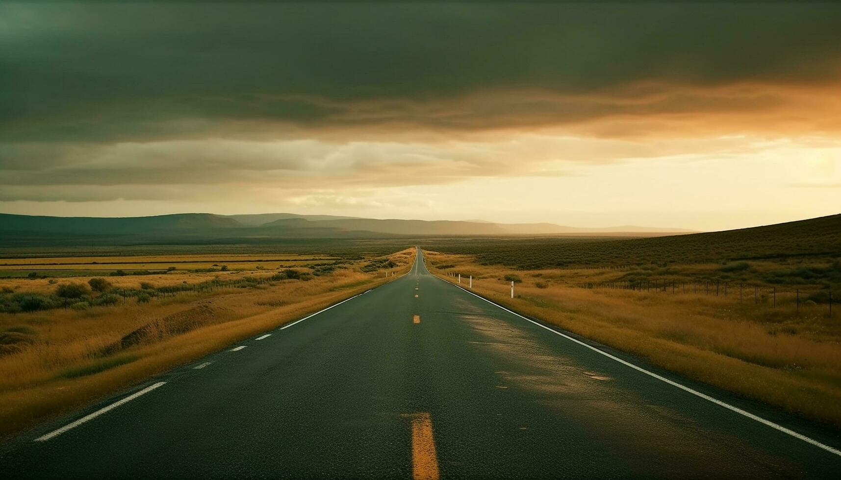Sunset road trip horizon over land adventure generative AI photo