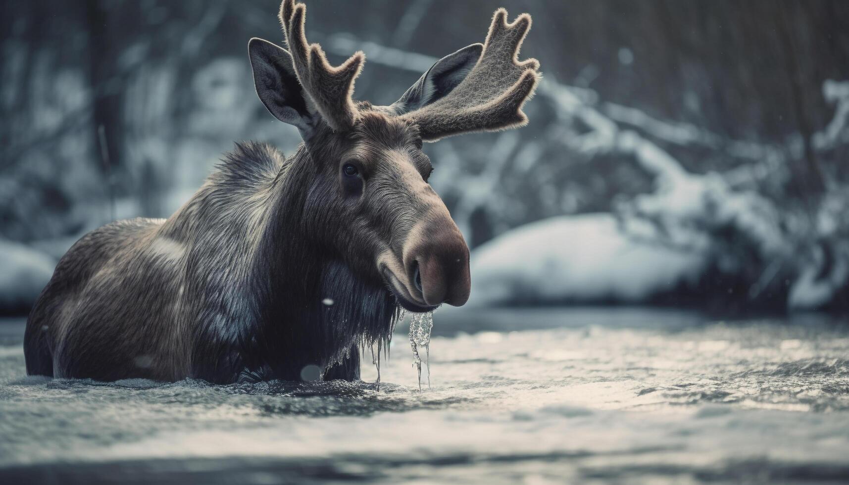 Horned deer in winter forest, close up portrait photo