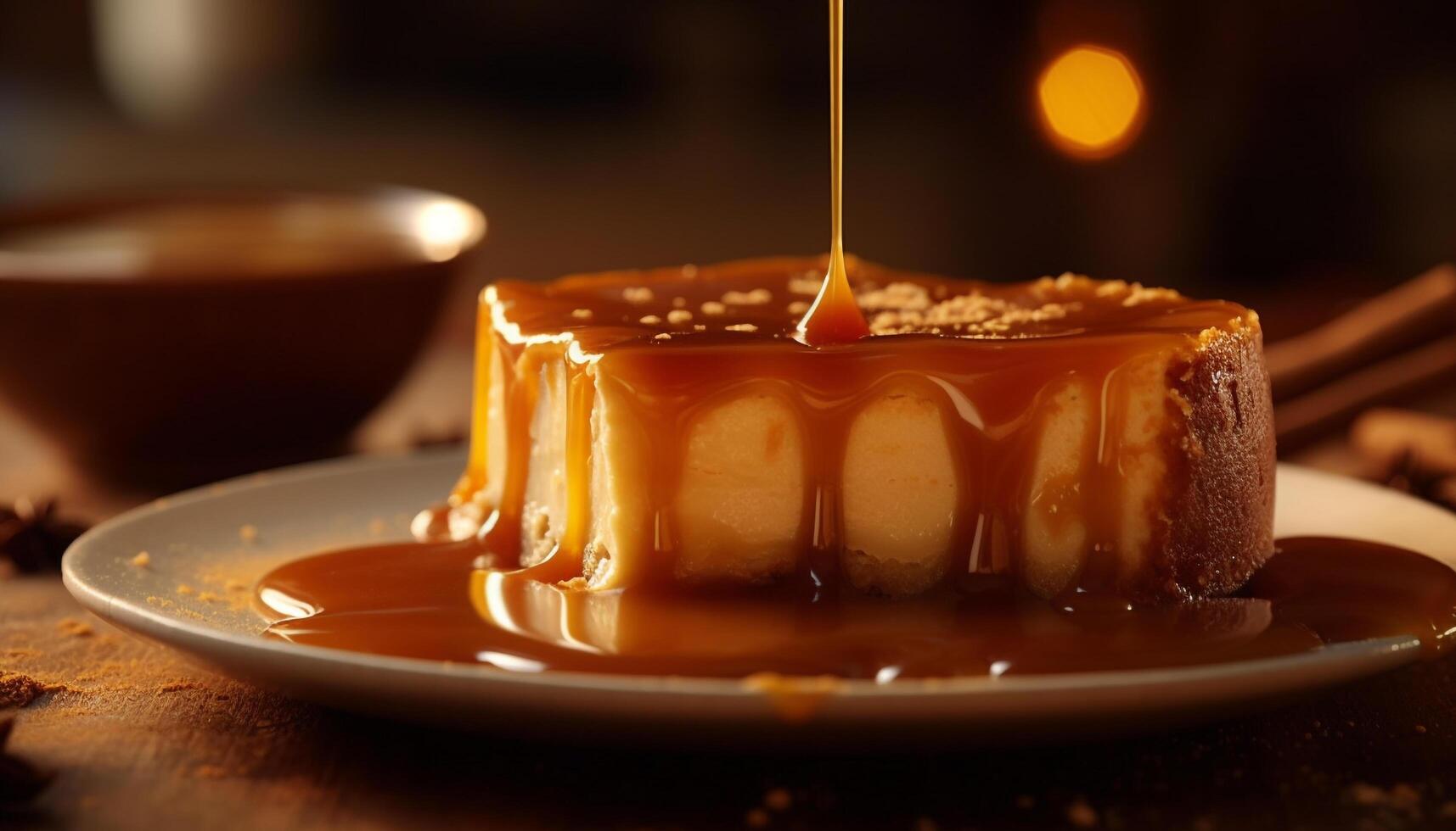 indulgente postre plato con chocolate, caramelo, y crema generativo ai foto