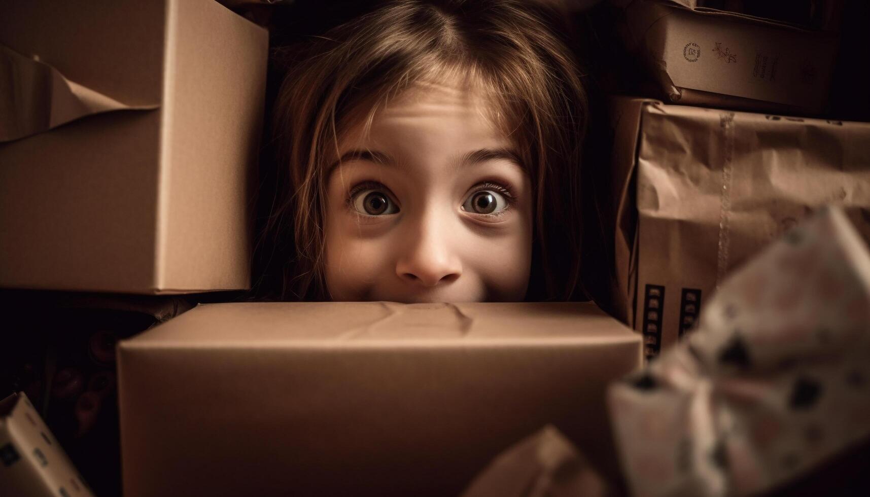 Cute girl hiding joy in gift box generative AI photo