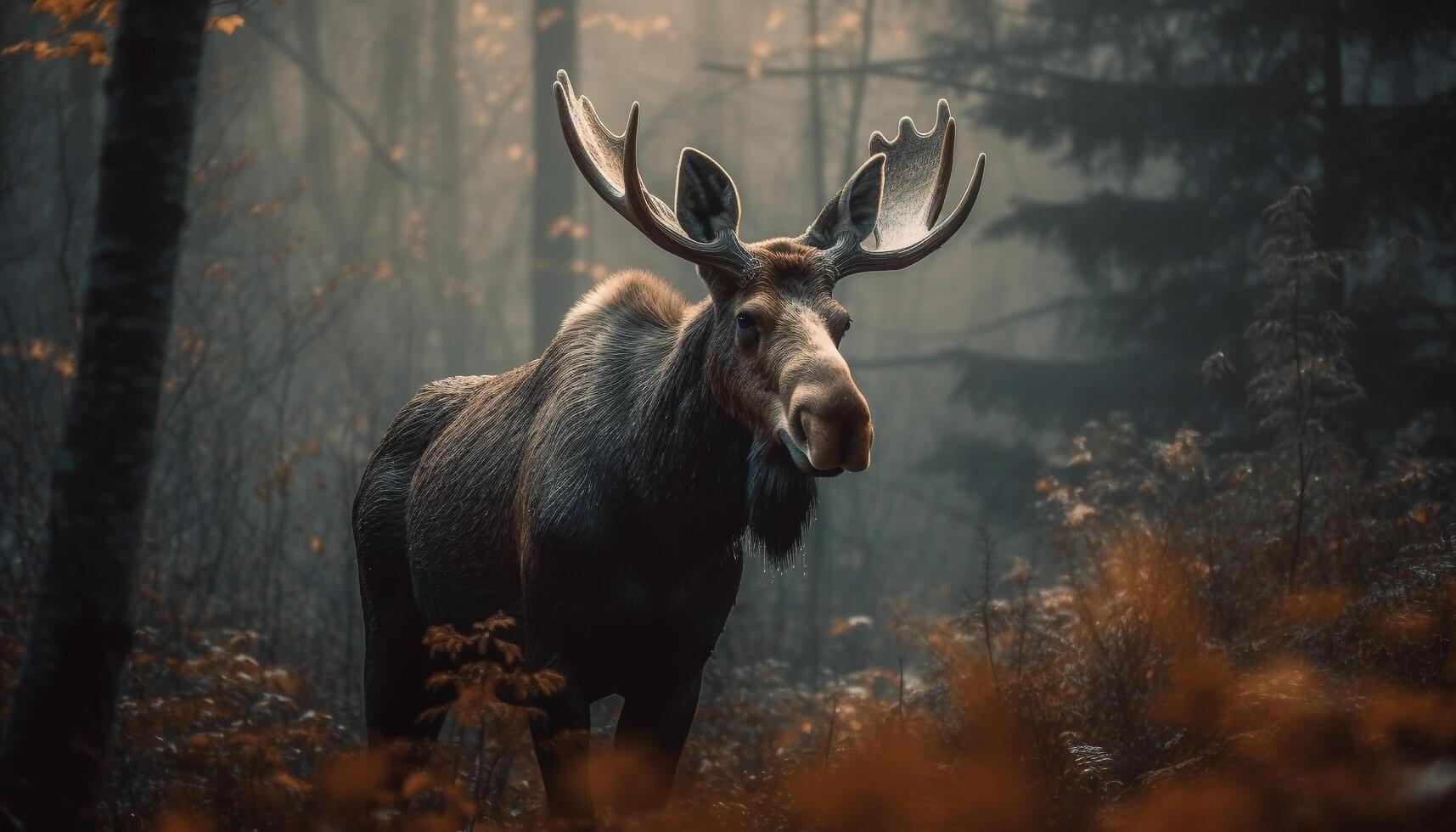 Horned stag grazes in tranquil autumn meadow generative AI photo