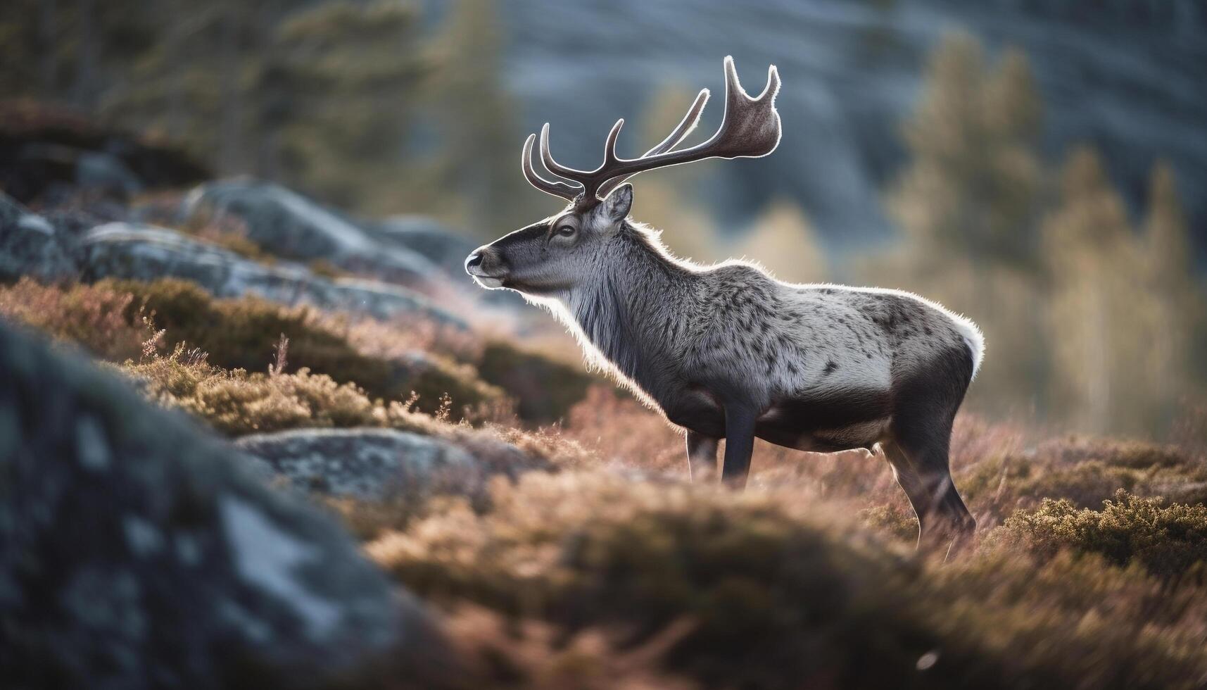 Majestic stag standing in winter forest landscape photo