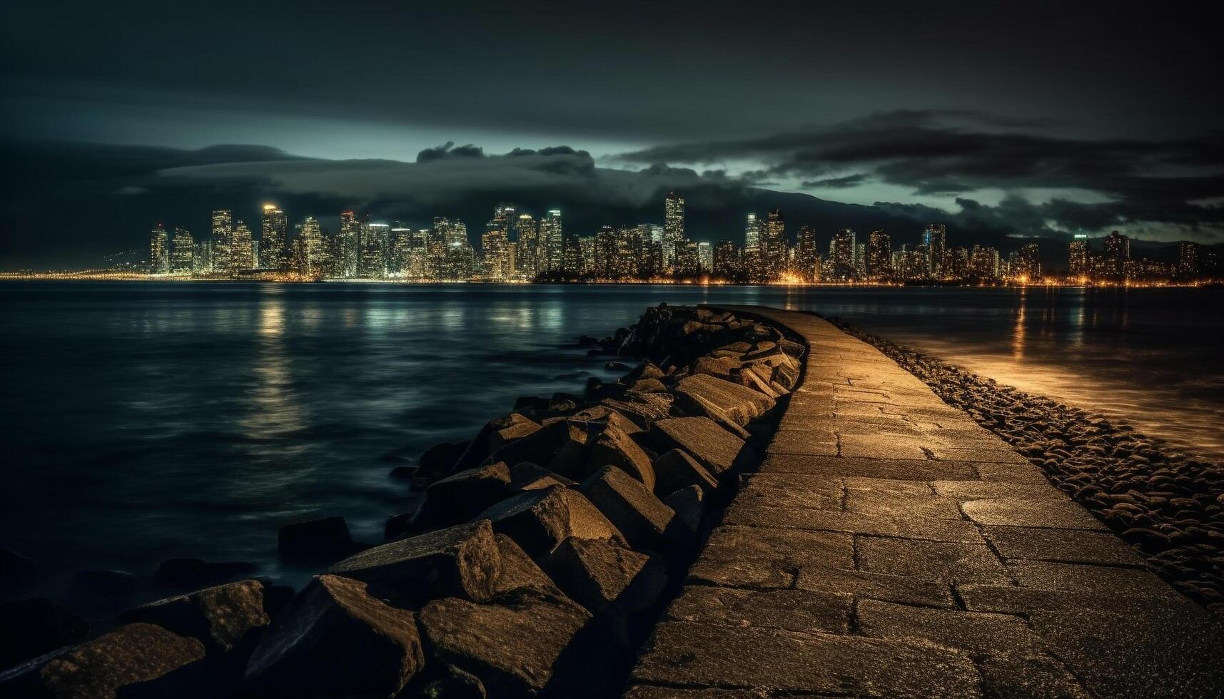 Dramatic skyline reflects on water at dusk photo