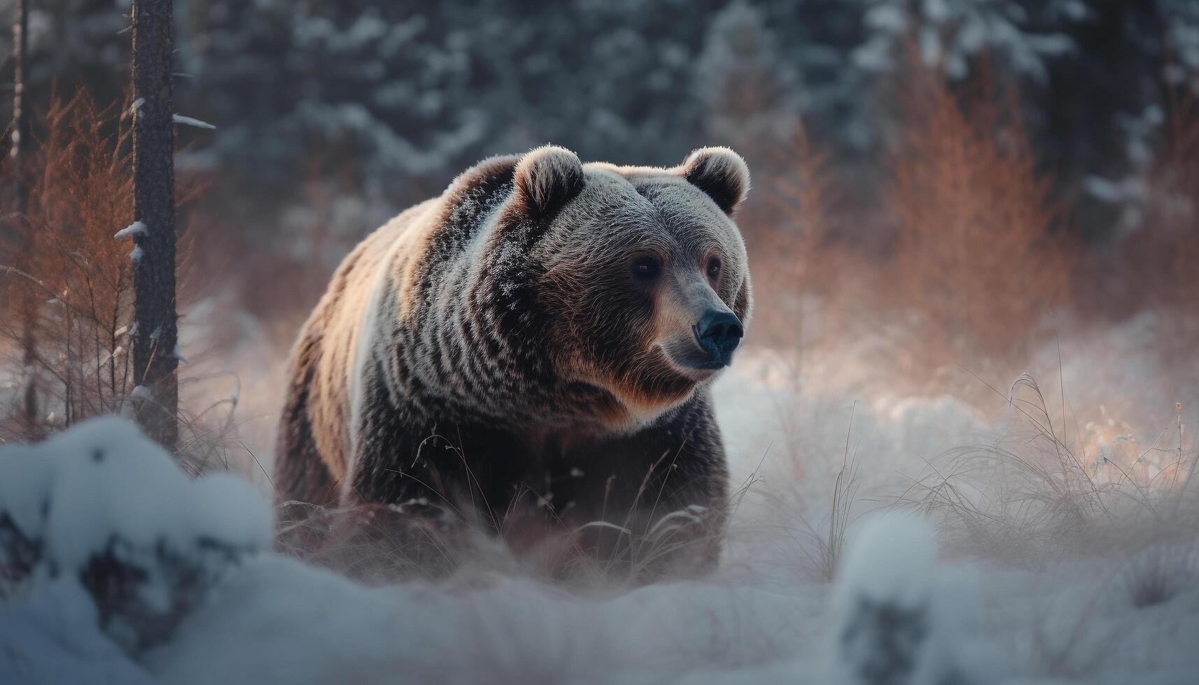 Majestic grizzly bear walking in snowy forest generative AI photo