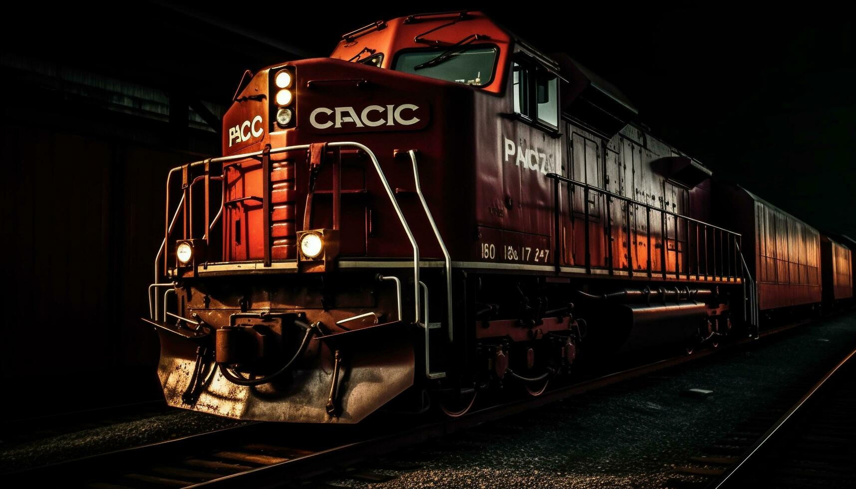 Steam locomotive speeds through illuminated railroad station platform generative AI photo