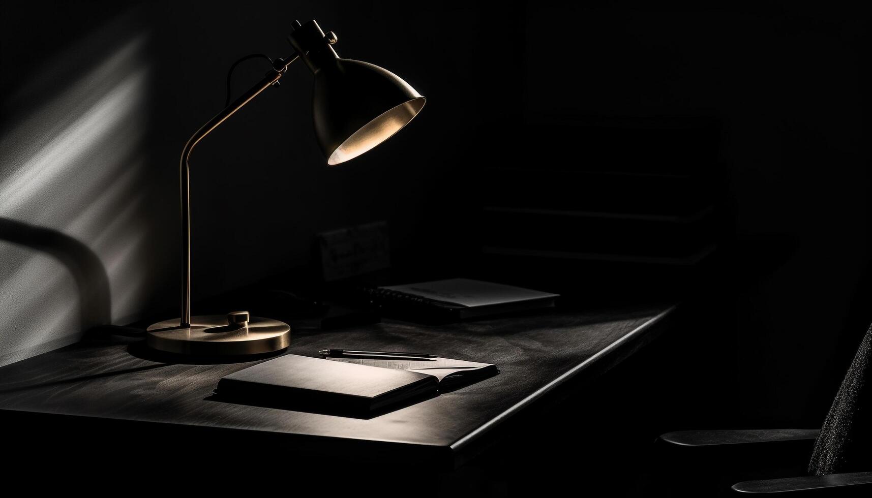 Modern office desk illuminated by electric lamp photo