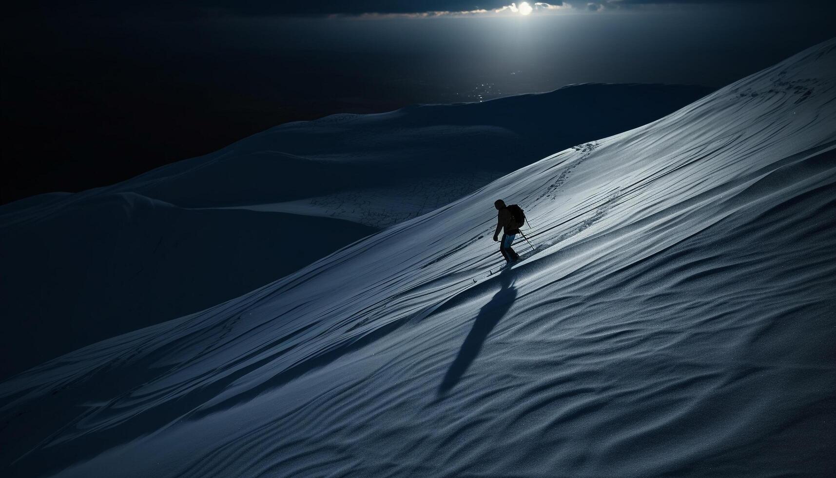 One person hiking mountain, exploring tranquil scene photo