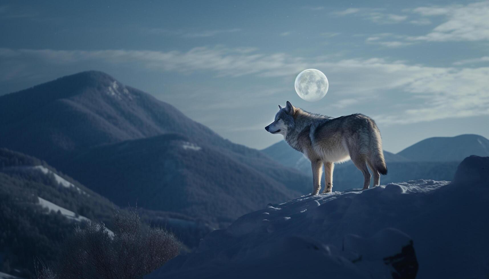 ártico lobo en pie en nieve, acecho paisaje generativo ai foto