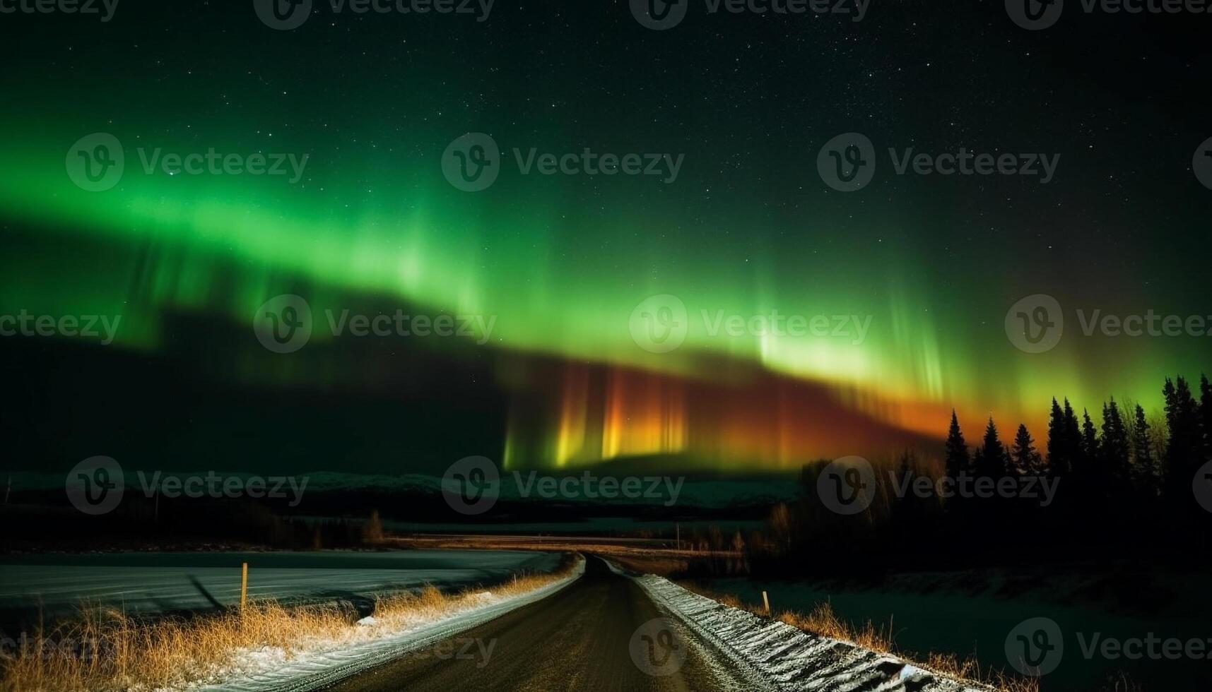 majestuoso montaña rango iluminado por vibrante Aurora estrella polar generativo ai foto