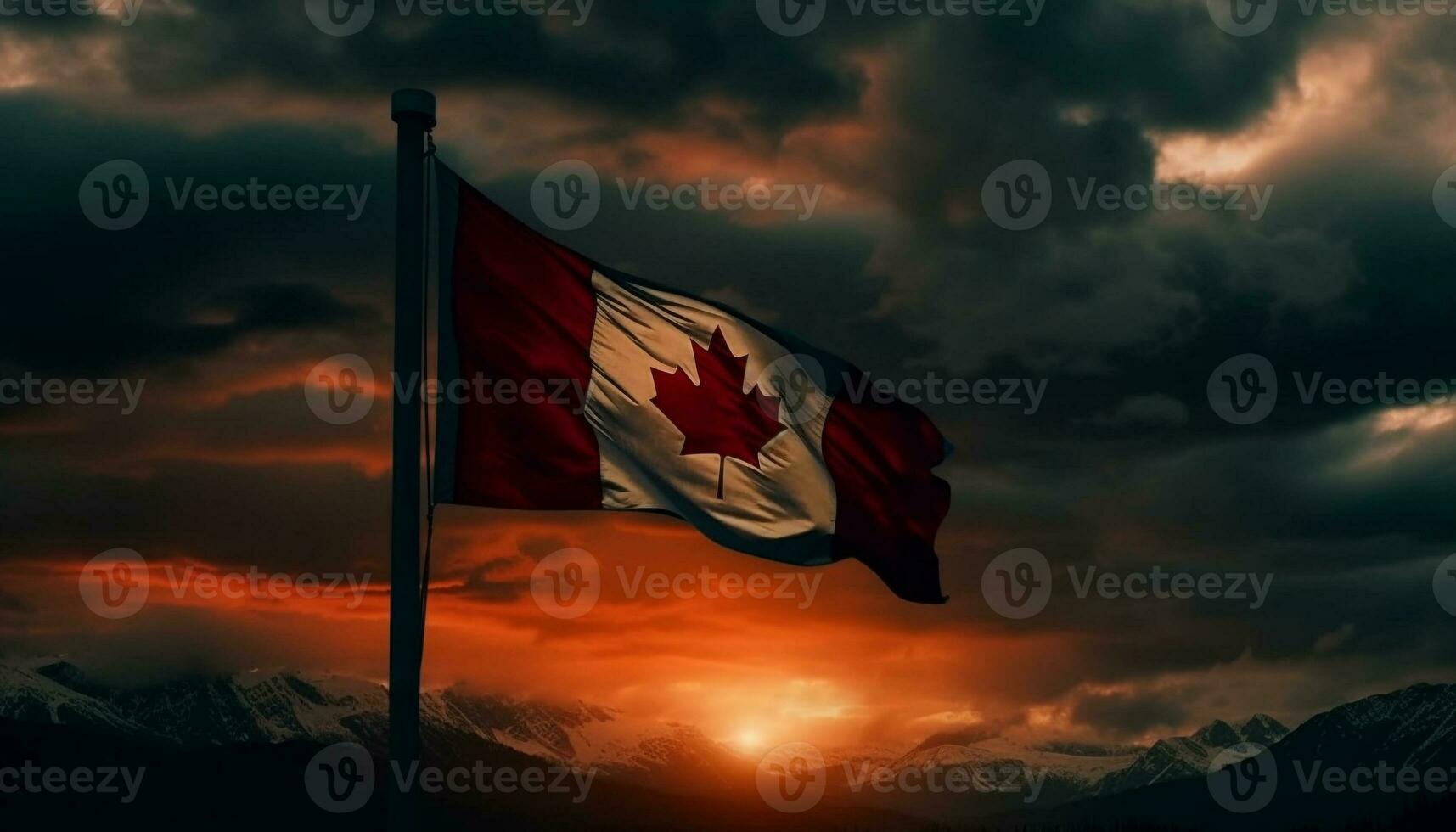 Canadian flag waving majestically over snowy mountain range generative AI photo